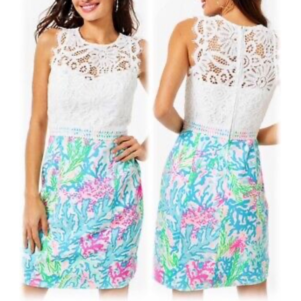 NWT new Lilly Pulitzer avarice stretch shift coral bay lace dress size 0